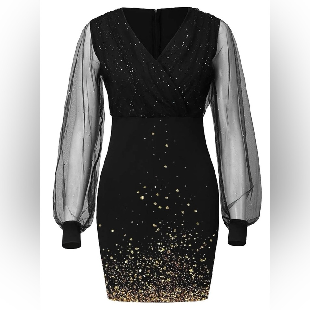 Black & Gold Dress with Sheer Sleeves